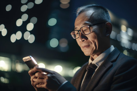 Low angle shot of a senior chinese businessman executive using mobile phone with background of modern office buildings at night. Generative AI AIG18.の素材