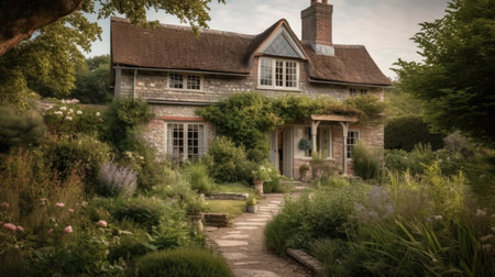 Home architecture design in Cottage Style with Sloped roof constructed by Wood and Stone material. English Cottage style. Generative AI AIG25 .の素材