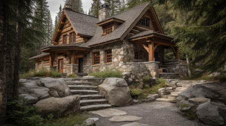 Home architecture design in Ranch Style with Wide frontage constructed by Wood, Stone, Glass material. Emphasis on simplicity. Generative AI AIG25 .の素材
