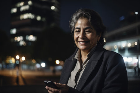 Wide angle shot of a senior mexican hispanic businesswoman executive using mobile phone with background of modern office buildings at night. Generative AI AIG18.の素材