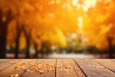 The empty wooden table top with blur background of autumn. Generative AI image AIG30.の素材