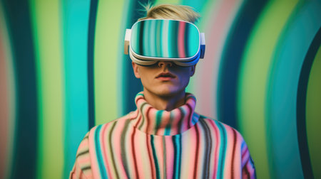 Young male model wearing VR posing with trendy fashion outfit and colorful pastel optical art abstract background. Picturesque generative AIの素材