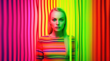 Young female model posing with trendy fashion outfit and colorful glowing vibrant green lime and pink optical art abstract background. Picturesque generative AIの素材