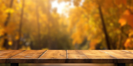 The empty rustic wooden table for product display with blur background of autumn forest. Exuberant...