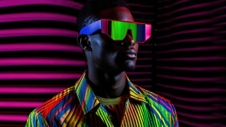 Young male model posing with trendy man fashion outfit and colorful vibrant glowing green and pink optical art abstract background. Picturesque generative AIの素材