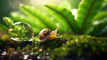 photo of a snail, macro photography , stream of fresh water, young green plant, outdoor springtime. beautiful Generative AI AIG32の素材