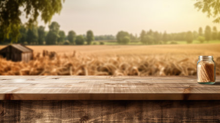 The empty wooden brown table top with blur background of farm and barn. Generative AI image AIG30.の素材