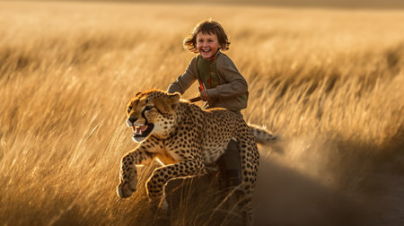 A little boy riding on a cheetah, running fast speed across a vast savannah. Generative AI AIG27.の素材