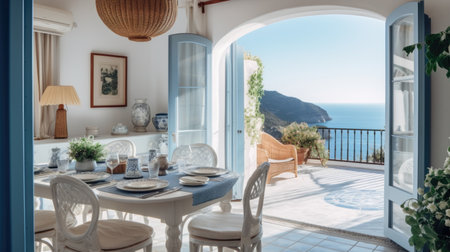 Interior design inspiration of Mediterranean Coastal style home dining room loveliness decorated with Wood and Rattan material and Sea View .Generative AI home interior design .の素材