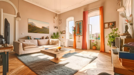 The bright interior of luxurious cozy living room with chic soft beige furniture in sunlight. Generative AI AIG27.の素材