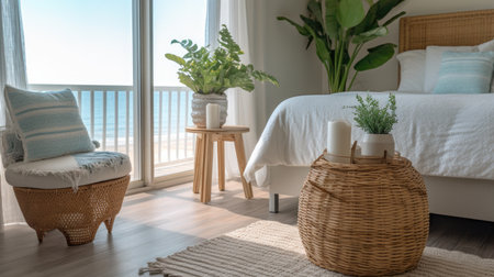 Bedroom decor, home interior design . Coastal Boho style with View decorated with Rattan and Linen material . Generative AI AIG26.の素材