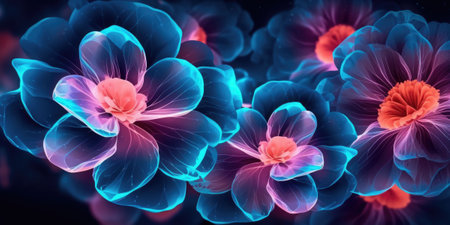 Beautiful abstract neon light night photo floral design background banner. beautiful Generative AI AIG32の素材