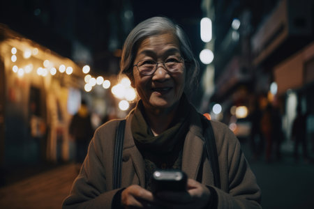 Wide angle shot of a senior chinese japanese woman trendy clothes using mobile phone with background of urban city street at night. Generative AI AIG18.の素材