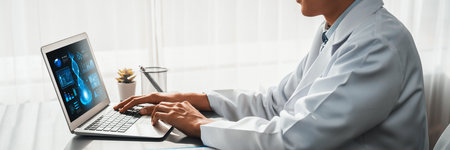 Doctor studying genetic disease in DNA research with laptop, analyze genetic data, formulate medical...