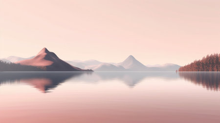 Beautiful mountain lake and natural environment in the morning background. Tranquil pink pastel sunset light in panoramic mountainous and nature lake shore scenery. Picturesque generative AIの素材