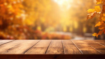 The empty wooden table top with blur background of autumn. Exuberant image.の写真素材