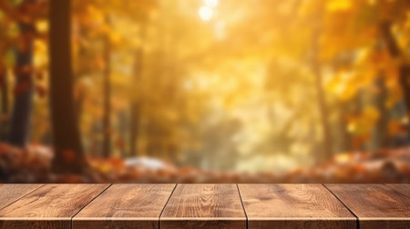 The empty rustic wooden table for product display with blur background of autumn forest. Exuberant image.の写真素材