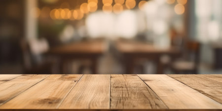 The empty wooden table top with blur background of cafe. Exuberant image.