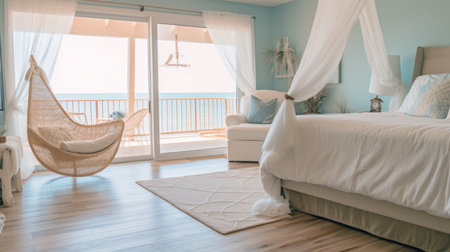 Bedroom decor, home interior design . Coastal Rustic style with Ocean View decorated with Wood and Rattan material . Generative AI AIG26.の素材