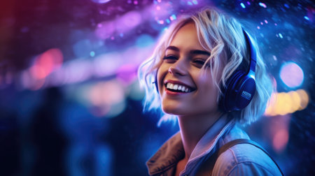candid shot of an excited young scandinavian woman party with headphones. beautiful Generative AI AIG32の素材