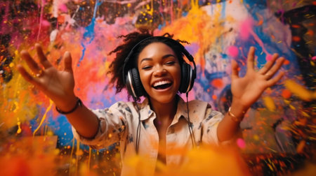 candid an excited DJ young african woman mixing music at turntables with headphones. beautiful Generative AI AIG32の素材