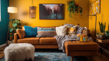 Bedroom decor, home interior design . Mid-Century Modern Bohemian style with Accent Wall decorated with Wood and Textile material . Generative AI AIG26.の素材