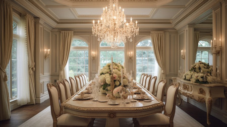 Interior design inspiration of Classic Traditional style home dining room loveliness decorated with Wood and Crystal material and Chandelier .Generative AI home interior design .の素材