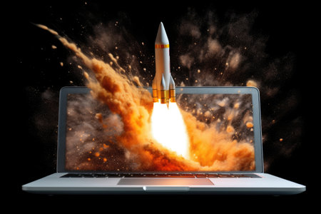 Rocket coming out of laptop screen. beautiful Generative AI AIG32の素材