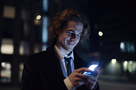 a young caucasian businessman executive using mobile phone with background of modern office buildings at night Generative AI AIG18.の素材