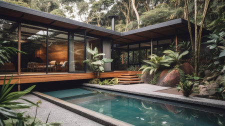 Home architecture design in Ranch Style with Porch constructed by Brick and Wood siding material. Ranch style. Generative AI AIG25 .の素材