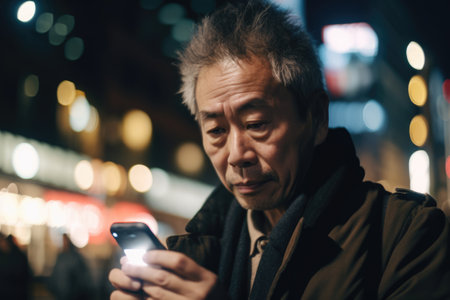 a senior chinese japanese man trendy clothes using mobile phone with background of urban city street at night Generative AI AIG18.の素材