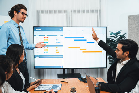 Project manager planning schedules for business task at meeting room, Gantt chart software show on TV screen. Multi ethnic diversity business people and modern business project management. Habilimentの写真素材