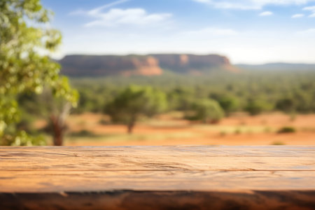 The empty wooden table top with blur background of Australian outback. Exuberant image.
