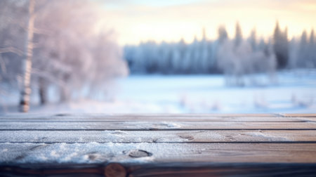 The empty wooden table top with blur background of winter in Finland. Generative AI image AIG30.の素材