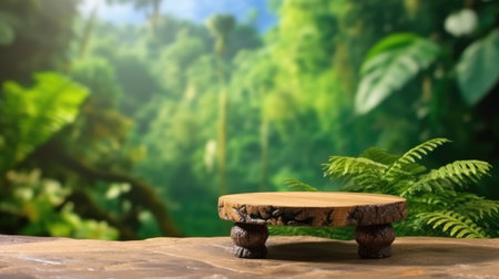 A flat rock empty table for product display with blur background of tropical jungle. Generative AI AIG30.の素材