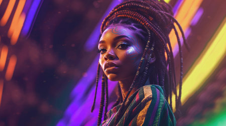 Beautiful model with colorful and trendy outfit with glowing purple green neon light, colorful dyed hair and fashionable african glitch core teenager girl. Picturesque generative AIの素材
