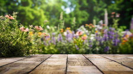 The empty wooden table top with blur background of English garden. Generative AI image AIG30.の素材