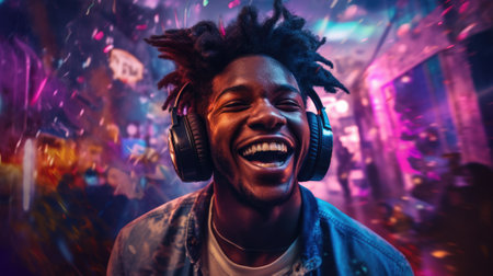 candid shot of an excited young african man party with headphones. beautiful Generative AI AIG32の素材