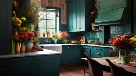 The modern interior design of aqua green tone country style kitchen with floral accent. Generative AI AIG27.の素材