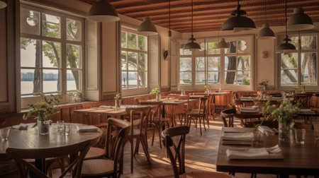 The restaurant interior with wooden furniture and lighting equipment in beautiful view outside the window. Generative AI AIG27.の素材