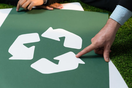 Recycle icon on meeting table in office with business people planning eco business investment on...