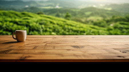 The empty wooden table top with blur background of tea plantation. Generative AI image AIG30.の素材