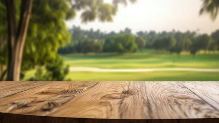 The empty wooden brown table top with blur background of country club. Exuberant image.の写真素材