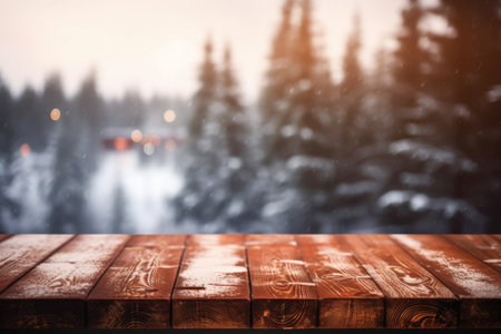 The empty wooden dark brown rustic table top with blur background of winter forest in finland. Generative AI image AIG30.の素材