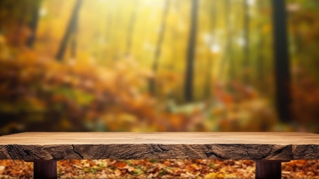 The empty rustic wooden table for product display with blur background of autumn forest. Exuberant image.の写真素材