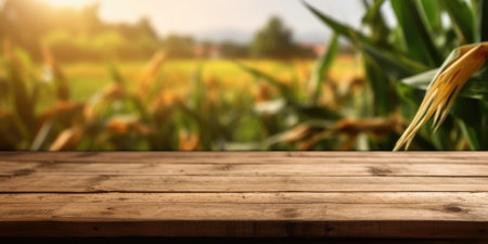 The empty wooden brown table top with blur background of corn field. Exuberant image.の写真素材