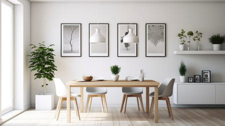Interior design inspiration of Scandinavian Minimalist style home dining room loveliness decorated with Wood and White material and Pendant Light Trio .Generative AI home interior design .の素材