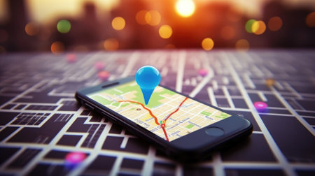 smartphone on table top with map and location pin, blur background of traffic. beautiful Generative AI AIG32の素材