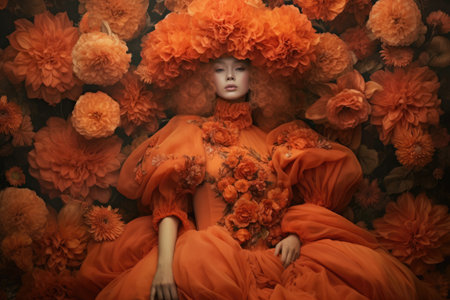 A stunning swedish woman dressed in orange costume with flowers in her hands in the style of ethereal dreamscapes. beautiful Generative AI AIG32の素材