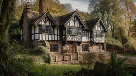 Home architecture design in Rustic Style with Stone chimney constructed by Stone and wood material. Mountain lodge. Generative AI AIG25 .の素材